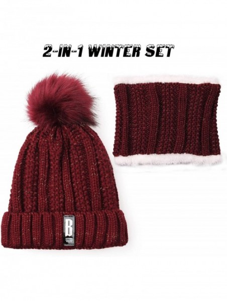 Skullies & Beanies Womens Winter Beanie Hat Scarf Set Warm Fuzzy Knit Hat Neck Scarves - Wine-red - CW192R8KLOW $20.02