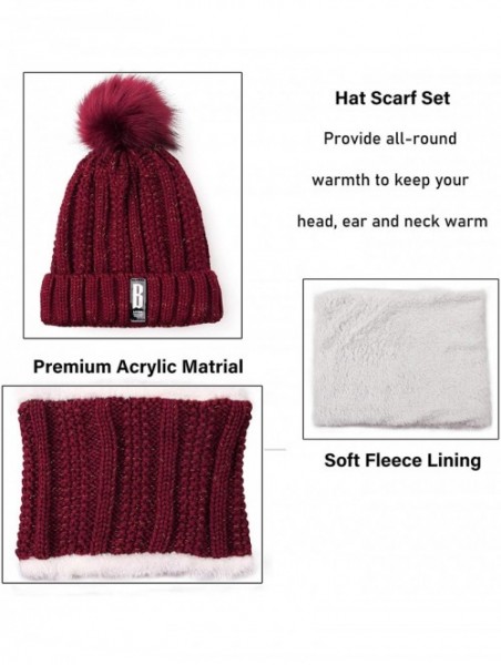 Skullies & Beanies Womens Winter Beanie Hat Scarf Set Warm Fuzzy Knit Hat Neck Scarves - Wine-red - CW192R8KLOW $20.02