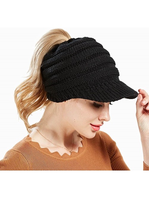 Skullies & Beanies Women's Warm Chunky Cable Knit Messy Bun Hat Ponytail Visor Beanie Cap - Dark Grey - C018HYS0EDQ $14.19