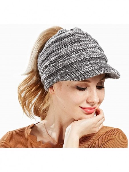 Skullies & Beanies Women's Warm Chunky Cable Knit Messy Bun Hat Ponytail Visor Beanie Cap - Dark Grey - C018HYS0EDQ $14.19