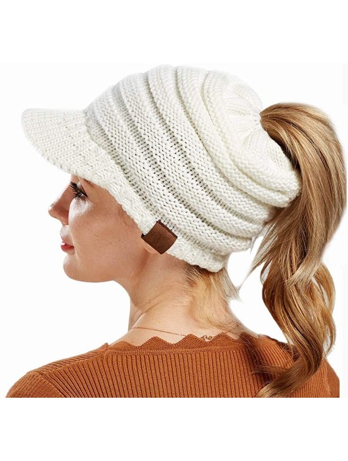 Skullies & Beanies Women's Warm Chunky Cable Knit Messy Bun Hat Ponytail Visor Beanie Cap - Dark Grey - C018HYS0EDQ $14.19