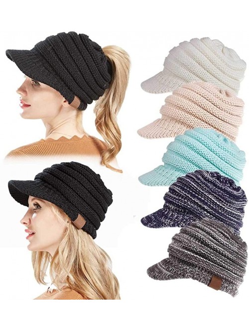 Skullies & Beanies Women's Warm Chunky Cable Knit Messy Bun Hat Ponytail Visor Beanie Cap - Dark Grey - C018HYS0EDQ $14.19