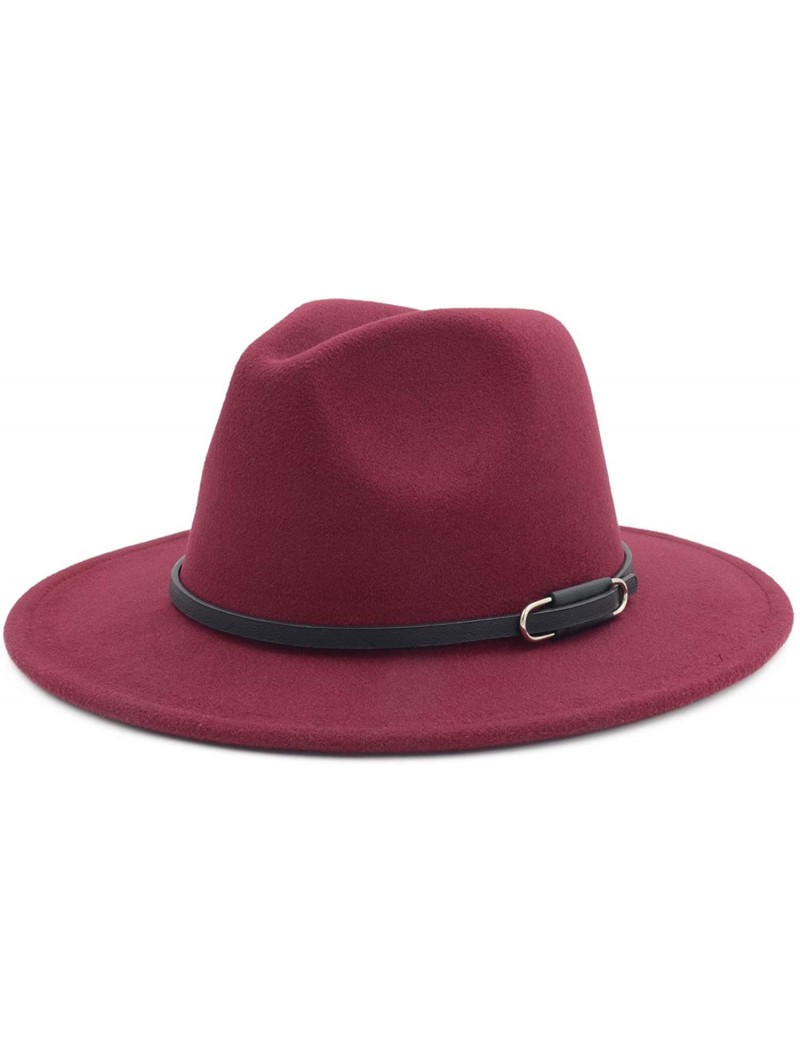 Fedoras Women Men Vintage Wide Brim Belt Buckle Panama Felt Fedora Hat - O Wine Red - CM18A8EME6E $17.17