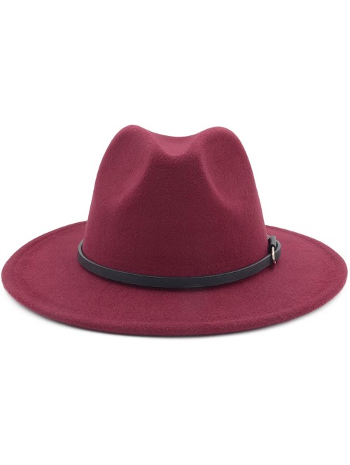 Fedoras Women Men Vintage Wide Brim Belt Buckle Panama Felt Fedora Hat - O Wine Red - CM18A8EME6E $17.17