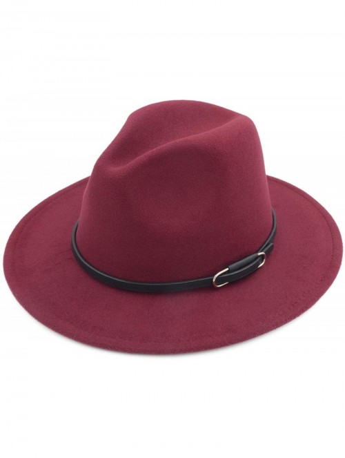 Fedoras Women Men Vintage Wide Brim Belt Buckle Panama Felt Fedora Hat - O Wine Red - CM18A8EME6E $17.17