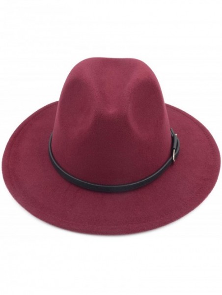 Fedoras Women Men Vintage Wide Brim Belt Buckle Panama Felt Fedora Hat - O Wine Red - CM18A8EME6E $17.17