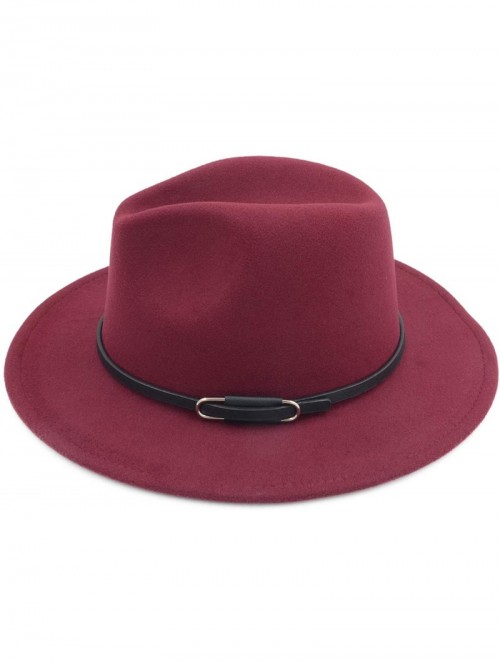 Fedoras Women Men Vintage Wide Brim Belt Buckle Panama Felt Fedora Hat - O Wine Red - CM18A8EME6E $17.17