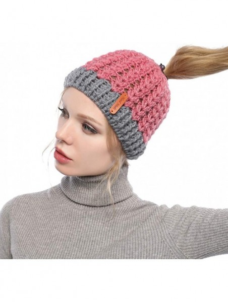 Skullies & Beanies Womens Ponytail Warm Cap Knit Winter Ponytail Beanie Hat Soft Stretch High Messy - Bean Red - CC192X5GD25 ...