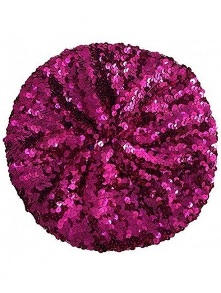 Berets Women's Fashion Fun Sparkle Sequins Shimmer Stretch Beret Beanie Hat - Hot Pink - CV12NS6BF3F $11.39