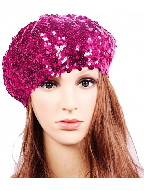 Berets Women's Fashion Fun Sparkle Sequins Shimmer Stretch Beret Beanie Hat - Hot Pink - CV12NS6BF3F $11.39