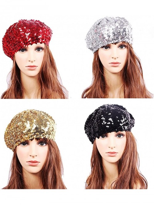 Berets Women's Fashion Fun Sparkle Sequins Shimmer Stretch Beret Beanie Hat - Hot Pink - CV12NS6BF3F $11.39