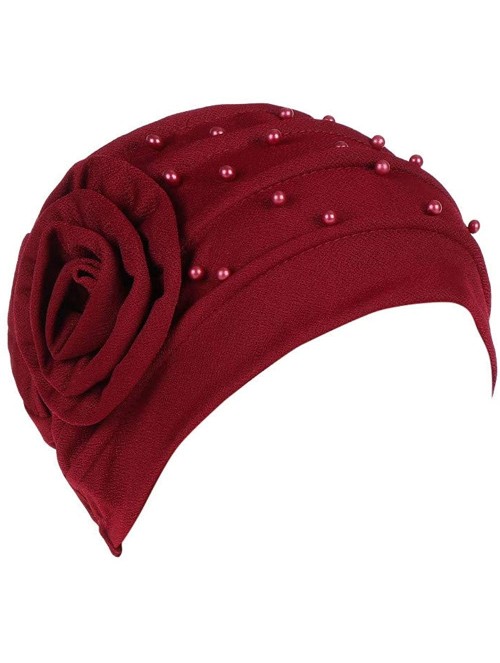 Newsboy Caps Women Beading India Hat Muslim Ruffle Cancer Chemo Beanie Floral Turban W - Wine - CW18LCX987S $9.93
