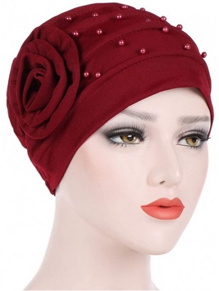 Newsboy Caps Women Beading India Hat Muslim Ruffle Cancer Chemo Beanie Floral Turban W - Wine - CW18LCX987S $9.93