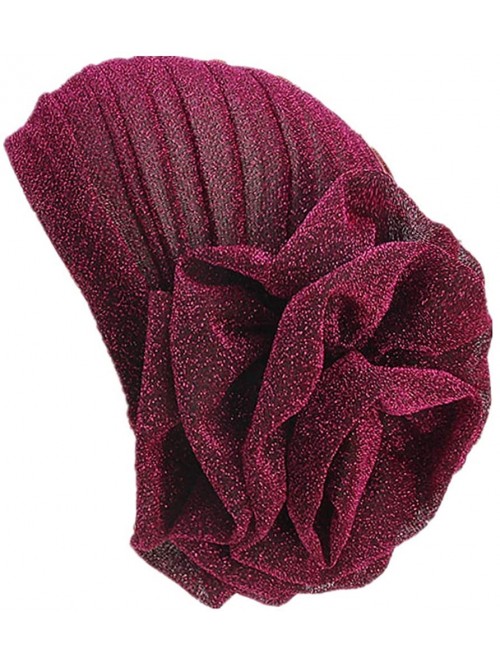 Skullies & Beanies Women Elastic Glitter Big Flower Turban Chemo Beanie Hair Loss Chemo Cap Hat - Rose Red - CE18LU69G3S $14.19