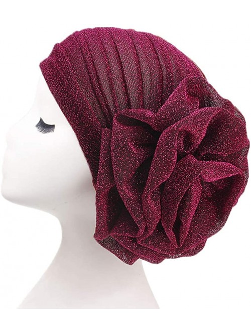 Skullies & Beanies Women Elastic Glitter Big Flower Turban Chemo Beanie Hair Loss Chemo Cap Hat - Rose Red - CE18LU69G3S $14.19