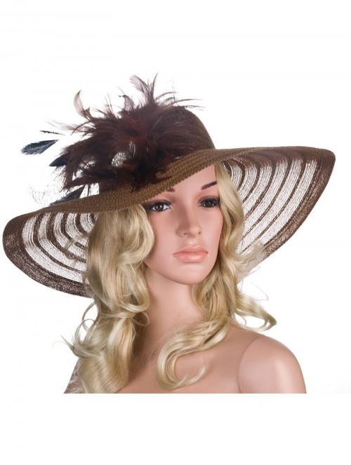 Sun Hats Womens Dress Church Kentucky Derby Wide Brim Feather Wedding Veil Sun Hat A265 - Brown - CB11WUE2YXH $21.27