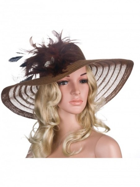 Sun Hats Womens Dress Church Kentucky Derby Wide Brim Feather Wedding Veil Sun Hat A265 - Brown - CB11WUE2YXH $21.27