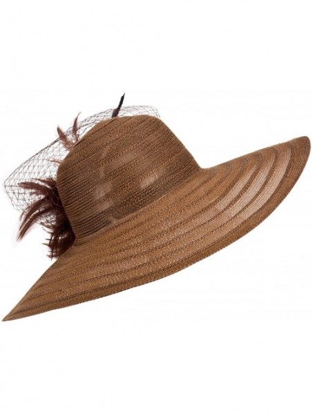 Sun Hats Womens Dress Church Kentucky Derby Wide Brim Feather Wedding Veil Sun Hat A265 - Brown - CB11WUE2YXH $21.27