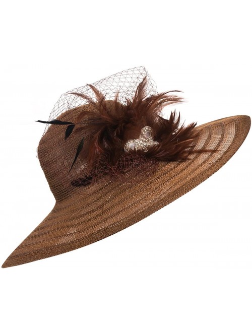 Sun Hats Womens Dress Church Kentucky Derby Wide Brim Feather Wedding Veil Sun Hat A265 - Brown - CB11WUE2YXH $21.27