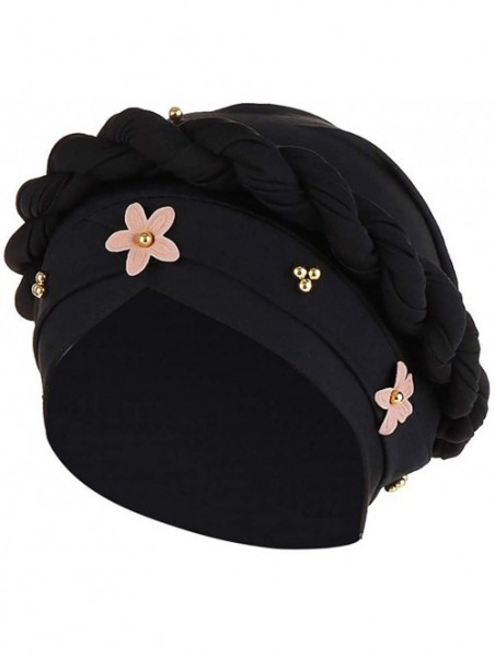 Skullies & Beanies Muslim Hat Pleated Twist Turbans for Women African Printing India Chemo Cap Flower Headwrap - Black - C618...