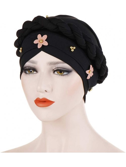 Skullies & Beanies Muslim Hat Pleated Twist Turbans for Women African Printing India Chemo Cap Flower Headwrap - Black - C618...