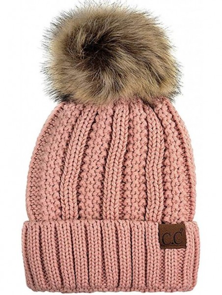 Skullies & Beanies Quality Women's Faux Fur Pom Fuzzy Fleece Lined Slouchy Skull Thick Cable Beanie hat - Indi Pink - CD187UQ...