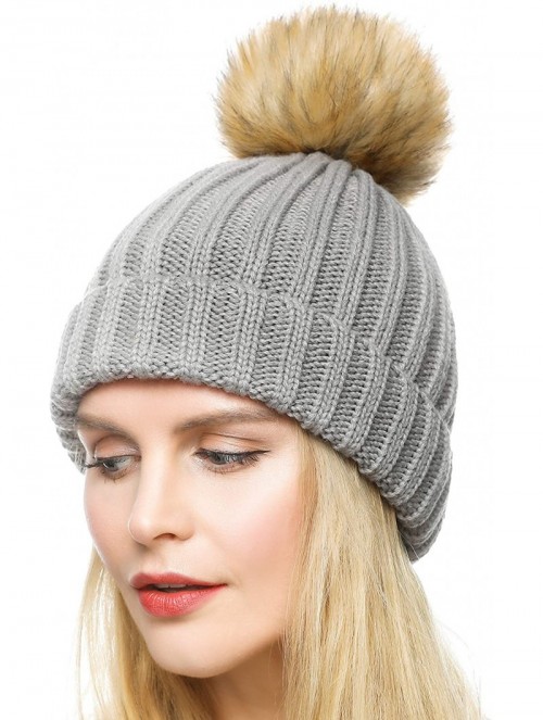 Skullies & Beanies Womens Girls Winter Fur Hat Large Faux Fur Pom Pom Slouchy Beanie Hats - Grey - C712NGYQ6NQ $14.00