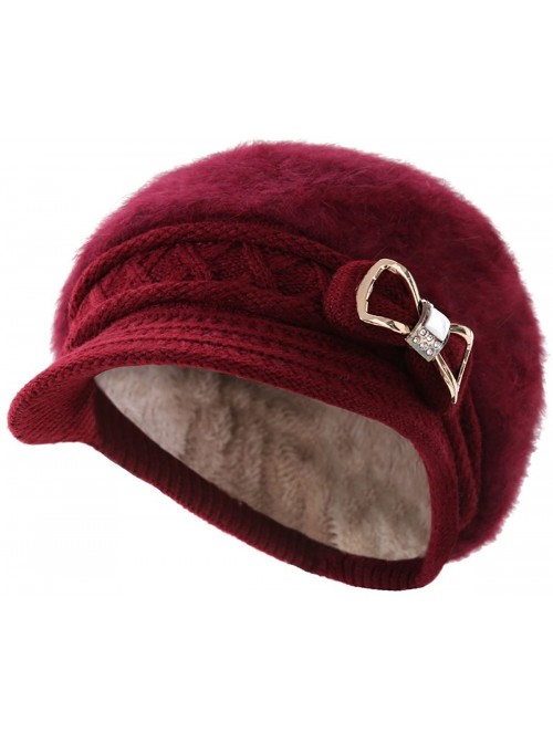 Newsboy Caps Lady Knit Newsboy Cap Beret Hats s Crystal Bow Angora Plush Winter Beanie Crochet - Wine Red - CS12NR251AZ $14.82