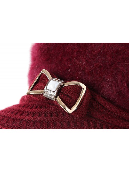 Newsboy Caps Lady Knit Newsboy Cap Beret Hats s Crystal Bow Angora Plush Winter Beanie Crochet - Wine Red - CS12NR251AZ $14.82