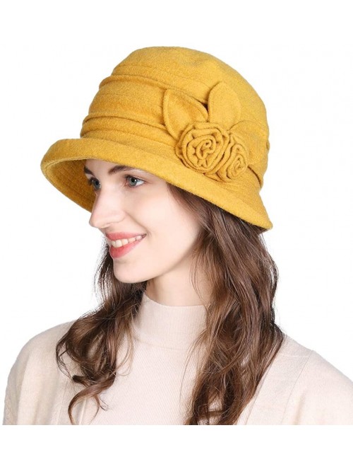 Bucket Hats Women Winter Wool Bucket Hat 1920s Vintage Cloche Bowler Hat with Bow/Flower Accent - 16076yellow_42ol - CG192HIS...
