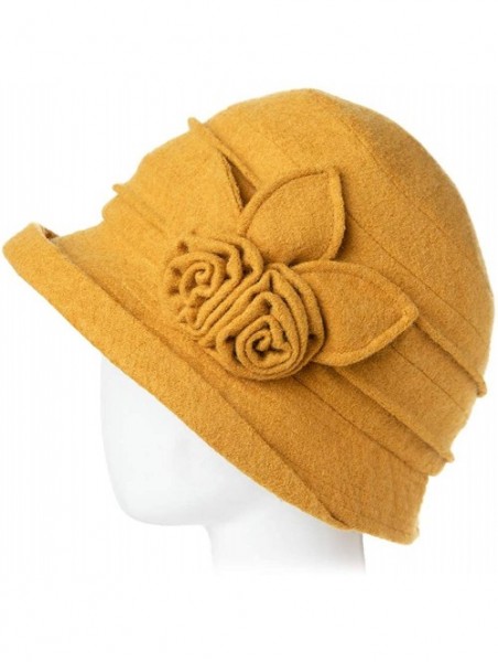 Bucket Hats Women Winter Wool Bucket Hat 1920s Vintage Cloche Bowler Hat with Bow/Flower Accent - 16076yellow_42ol - CG192HIS...