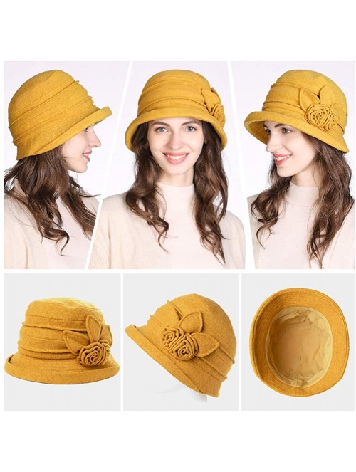 Bucket Hats Women Winter Wool Bucket Hat 1920s Vintage Cloche Bowler Hat with Bow/Flower Accent - 16076yellow_42ol - CG192HIS...