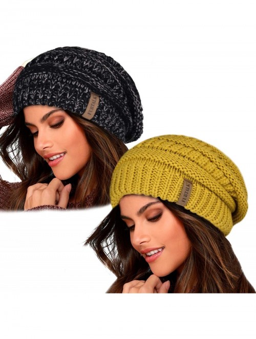 Skullies & Beanies Knit Beanie Hats for Women Men Fleece Lined Ski Skull Cap Slouchy Winter Hat - 38-mix Black/Yellow 2pcs - ...