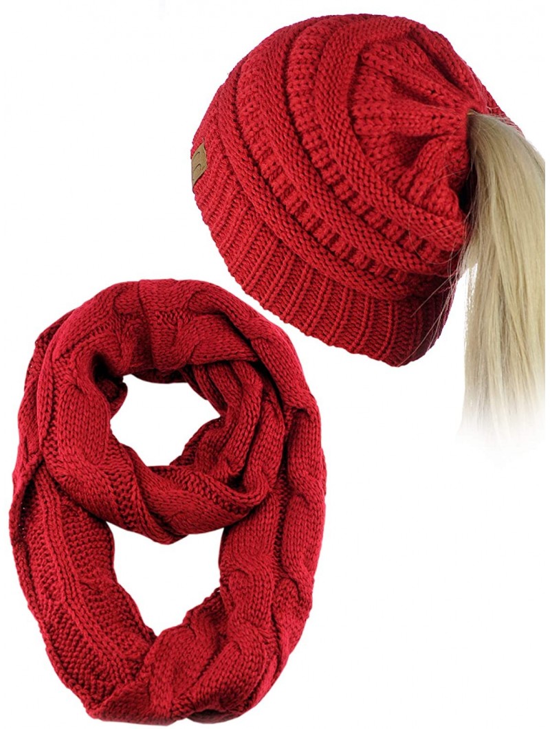 Skullies & Beanies BeanieTail Messy High Bun Cable Knit Beanie and Infinity Loop Scarf Set- Red - CI18KIW39NG $26.88