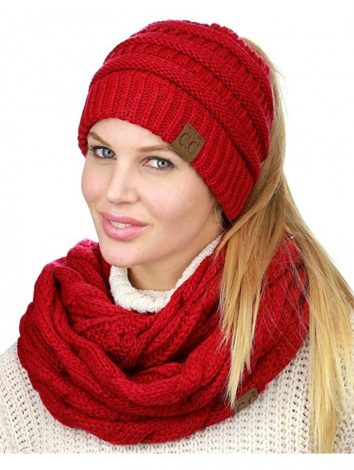 Skullies & Beanies BeanieTail Messy High Bun Cable Knit Beanie and Infinity Loop Scarf Set- Red - CI18KIW39NG $26.88