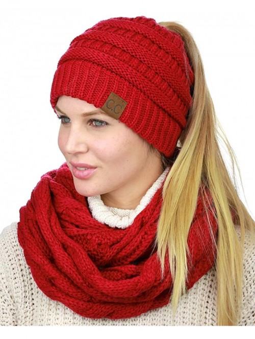 Skullies & Beanies BeanieTail Messy High Bun Cable Knit Beanie and Infinity Loop Scarf Set- Red - CI18KIW39NG $26.88