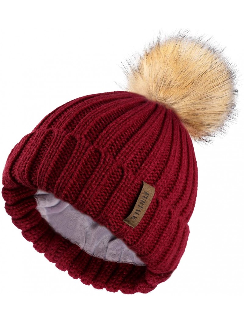 Skullies & Beanies Womens Winter Knitted Beanie Hat with Faux Fur Pom Fleece Lined Warm Beanie for Women - 18-pomegranate Red...