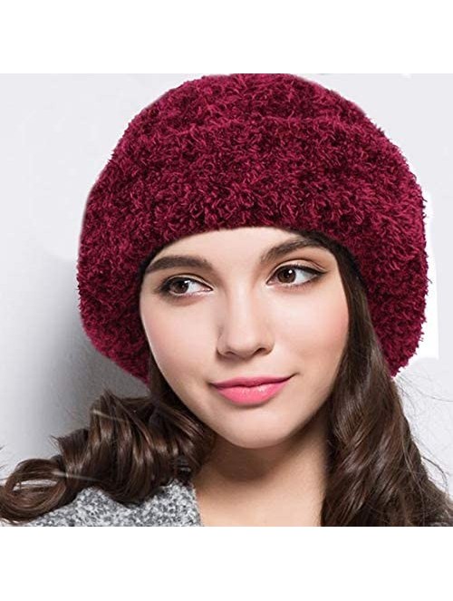 Skullies & Beanies Winter Chunky Warm Beanie Fleece Skull Caps Slouchy Hats Thick Cable Knit Snow Ski Cap for Women - Red - C...