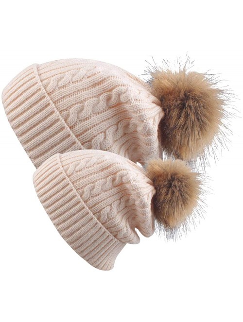 Skullies & Beanies 2 Pack Parent-Child Hat Winter Baggy Slouchy Beanie Hat Warm Knit Pom Pom Beanie for Women & Baby - Beige ...
