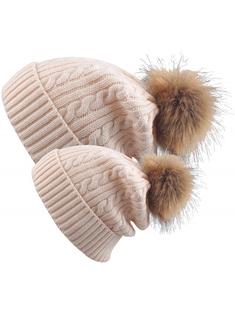 Skullies & Beanies 2 Pack Parent-Child Hat Winter Baggy Slouchy Beanie Hat Warm Knit Pom Pom Beanie for Women & Baby - Beige ...