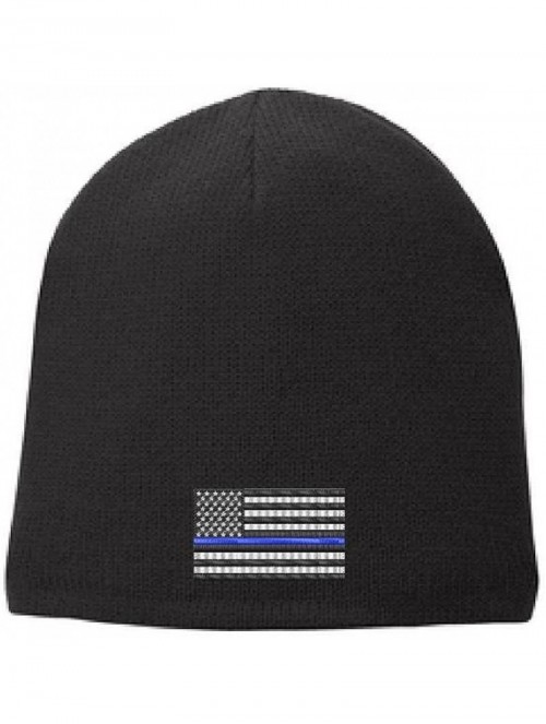 Skullies & Beanies Thin Blue Line Subdued American Flag Skull Cap - CZ17XHQIMDL $17.54