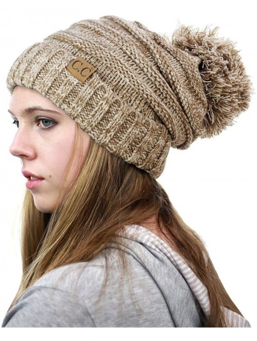 Skullies & Beanies Pom Pom Oversized Baggy Slouchy Thick Winter Beanie Hat - Taupe Mix - C718R4A6NQ5 $16.79