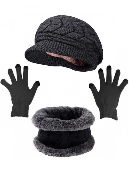 Newsboy Caps Winter Hats Gloves for Women Knit Warm Snow Ski Outdoor Caps Touch Screen Mittens - _Hat + Scarf + Gloves (Black...