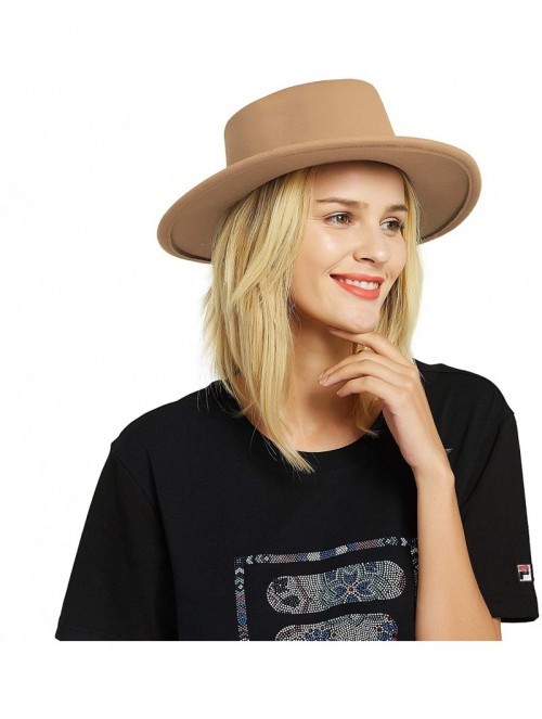 Fedoras Womens Felt Fedora Hat- Wide Brim Panama Cowboy Hat Floppy Sun Hat for Beach Church - Camel 3 - CO12BU5WXWN $16.20