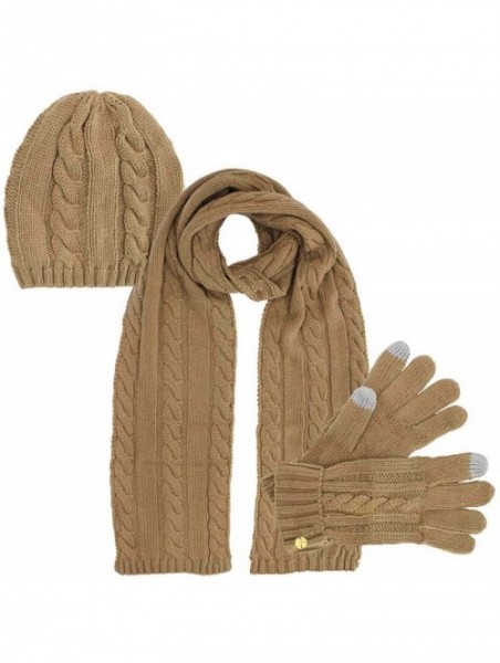 Skullies & Beanies Cable Knit 3 Piece Beanie Hat Texting Gloves & Matching Scarf Set - Beige - CV127O6K4YV $33.44