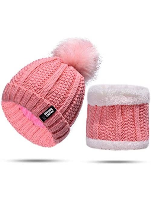 Skullies & Beanies Women Winter Knit Slouchy Beanie Chunky Baggy Hat with Faux Fur Pompom Soft Warm Ski Cap and Scarf - Pink ...