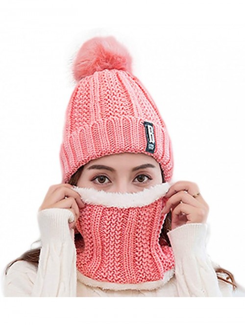 Skullies & Beanies Women Winter Knit Slouchy Beanie Chunky Baggy Hat with Faux Fur Pompom Soft Warm Ski Cap and Scarf - Pink ...