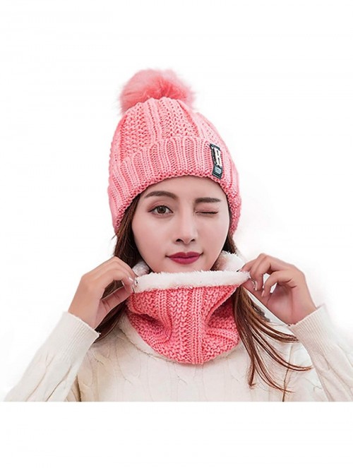 Skullies & Beanies Women Winter Knit Slouchy Beanie Chunky Baggy Hat with Faux Fur Pompom Soft Warm Ski Cap and Scarf - Pink ...