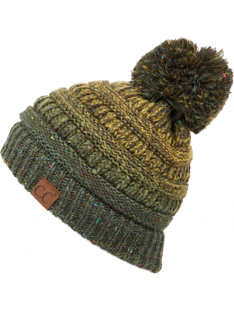 Skullies & Beanies Exclusives Unisex Ribbed Confetti Knit Beanie (HAT-33) - Olive Pom - CX18RZYE69K $15.73