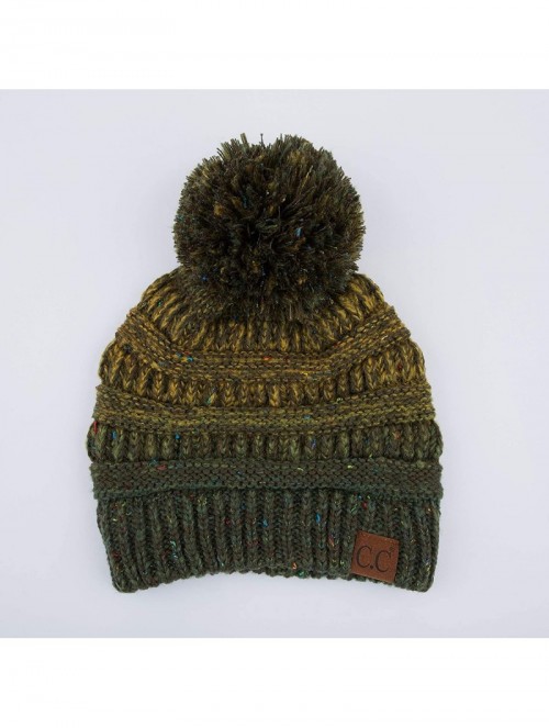 Skullies & Beanies Exclusives Unisex Ribbed Confetti Knit Beanie (HAT-33) - Olive Pom - CX18RZYE69K $15.73